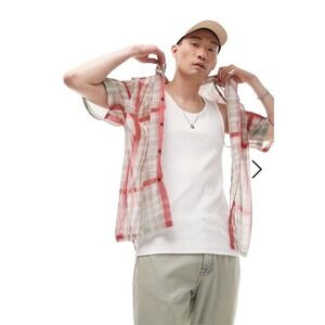 Topman Short Sleeve Relaxed Revere Checked Sheer Button Down Shirt‎ Men's M NWT